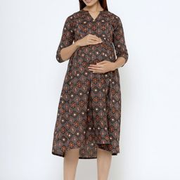 CRAFIQA Floral Print Mandarin Collar Fit & Flare Maternity Midi Dress-image-73
