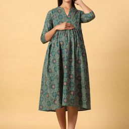 CRAFIQA Floral Printed Fit & Flare Pure Cotton Maternity Midi Dress-image-82