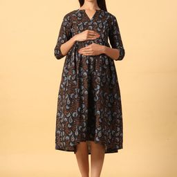 CRAFIQA Floral Printed Maternity & Nursing Pure Cotton Pleated Fit & Flare Midi Dress-image-85