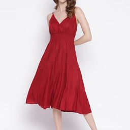IQRAAR Maroon Smocked Midi Dress-image-32