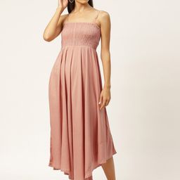 IQRAAR Orange Smocked Midi Dress-image-31