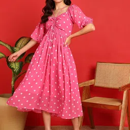 HIVA TRENDZ Polka Dots Printed Puff Sleeves Georgette Ruched Empire Midi Dress-picture-13