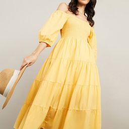 Styli Off Shoulder Puff Sleeve Smocked Tiered Cotton Midi Dress-image-0