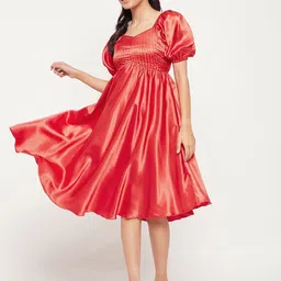 Antheaa Puff Sleeves Satin Empire Midi Dress-image-80