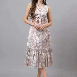 TRYMISFIT Floral Printed Shirt Collar Cut Out Tie Up Cotton A-Line Dress-image-52