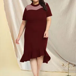 wild U Plus Size Round Neck Ruffled Sheath Midi Sheath Dress-image-28