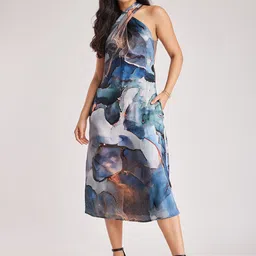 FableStreet Abstract Printed Halter Neck Satin Sheath Midi Dress-image-2