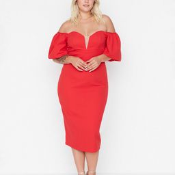 Trendyol Plus Size Off Shoulder Puff Sleeves Sheath Midi Dress-picture-18