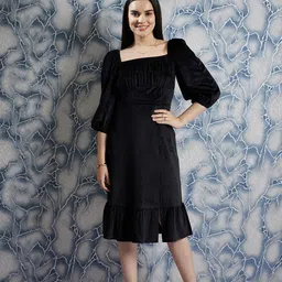 Athena Black Square Neck Puff Sleeves Gathered Detailed Midi Sheath Dress-image-20