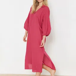 Trendyol Shirt Collar Puff Sleeves Pure Cotton A-Line Midi Dress-image-37
