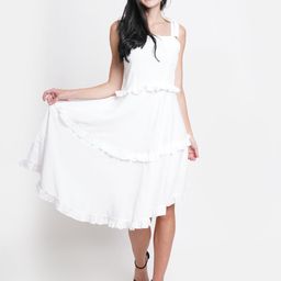 DODO & MOA White Solid Crepe Tiered Midi Dress-image-87