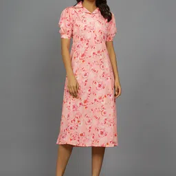 HANDICRAFT PALACE Pink Floral Print Puff Sleeve Crepe Shirt Midi Dress-image-65