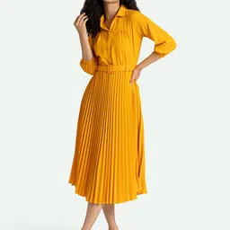 AASK Mustard Yellow Crepe Midi A-Line Dress-picture-16