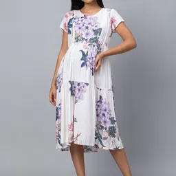 AV2 Off White & Lavender Floral Printed Maternity Midi Dress-picture-2