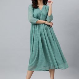 Janasya Women Green Poly Chiffon Self Design Flared Dress-17