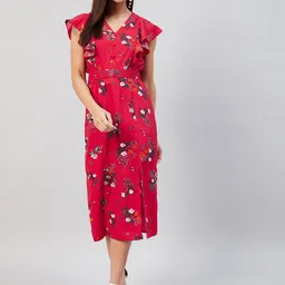 RARE Red Floral Printed V-Neck Crepe Midi Dress-16