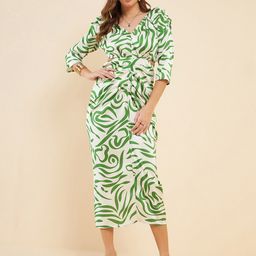 Antheaa Off White Abstract Printed V-Neck Cut-Out Detailed Ruched Sheath Midi Dress-image-10