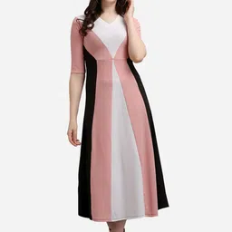 PURVAJA Peach-Coloured Colourblocked Midi Dress-image-63
