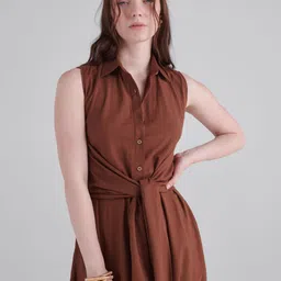 Midsummer Shirt Collar Sleeveless Shirt Midi Dress-image-3