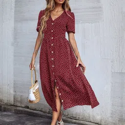 StyleCast Red & White Polka Dots Printed V-Neck Puff Sleeves Midi A-Line Dress-image-34