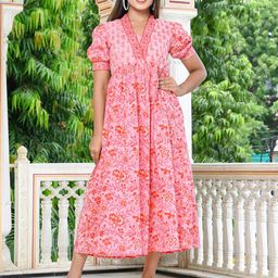 GULAB CHAND TRENDS Floral Printed V-Neck Gathered Detailed Cotton A-Line Midi Ethnic Dress-image-51