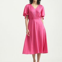 United Colors of Benetton Flared Sleeves Smocked V-Neck Midi Fit & Flare Dress-image-23