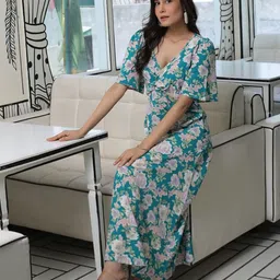 AKS Couture Floral Printed V-Neck Flared Sleeve Crepe Maxi Midi Dress-image-8