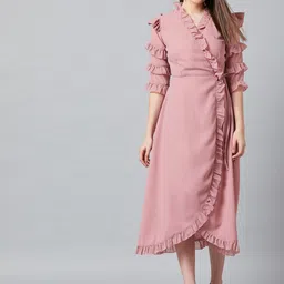 PANIT Pink Georgette Solid Midi Wrap Dress-picture-18