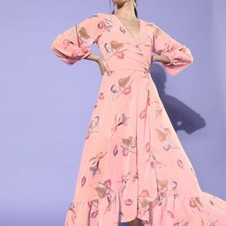 DODO & MOA V-Neck Bishop Sleeves Flounce Floral Printed Maxi Wrap Dress-picture-33