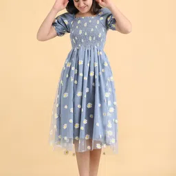 DEKLOOK Girls Floral Printed Puff Sleeves Smocked Detailed Net Fit & Flare Midi Dress-picture-18