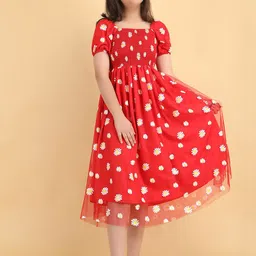 DEKLOOK Girls Floral Printed Square Neck Puff Sleeve Georgette Fit & Flare Midi Dress-image-29