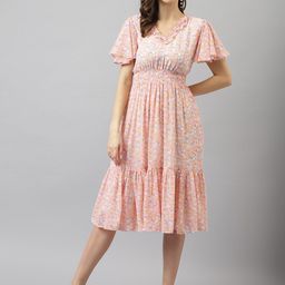 BAESD Floral Printed V-Neck Flared Sleeve Smocked Fit & Flare Midi Dress-image-65
