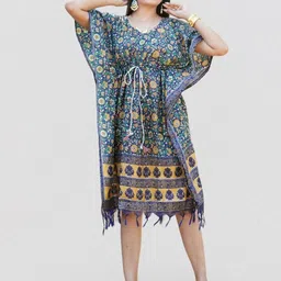 Kesarya Floral Print Flared Sleeve Kaftan Cotton Dress-image-3