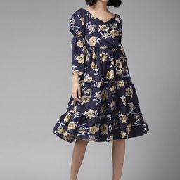 BAESD Floral Printed Puff Sleeves Fit & Flare Cotton Midi Dress-picture-22