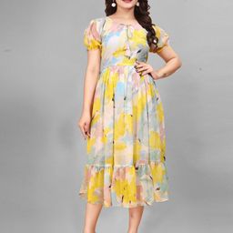 BAESD Floral Printed Puff Sleeve Georgette Fit & Flare Midi Dress-image-71