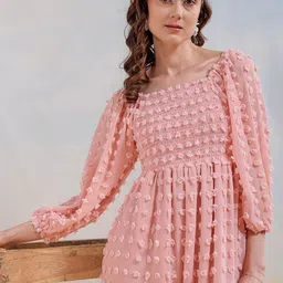Freehand by The Indian Garage Co Self Design Puff Sleeve Fit & Flare Midi Dress-picture-19