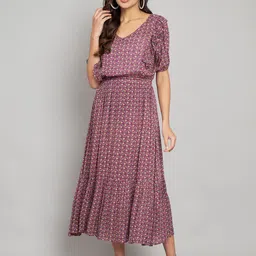 Amagyaa Ethnic Motifs Print Puff Sleeves Ruffles Fit & Flare Midi Dress-picture-35
