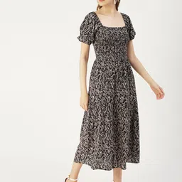 Moomaya Abstract Printed Puff Sleeves Smocked Fit & Flare Midi Dress-image-30