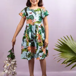 THEONI Girls Tropical Printed Pleated Detailed Cotton Fit & Flare Dress-image-40