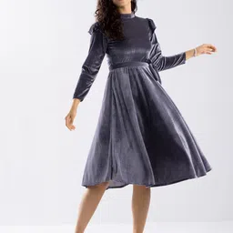 AASK Round Neck Velvet Fit & Flare Midi Dress With Belt-picture-15