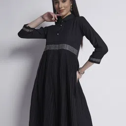 DressBerry Black Pleated Embellished Fit and Flare Dress-image-49