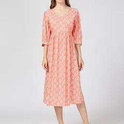 MeeMee Floral Printed V Neck Maternity Fit & Flare Midi Dress-image-9