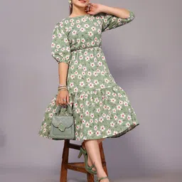vj fashion Floral Print Puff Sleeve Net Fit & Flare Midi Dress-picture-13