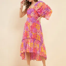 Antheaa Pink Floral Printed V-Neck Gathered Detailed Chiffon Fit & Flare Midi Dress-image-9