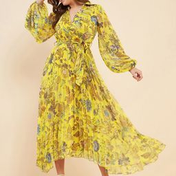 Antheaa Yellow Printed Pleated Puff Sleeves Belted Chiffon Fit & Flare Midi Dress-picture-32