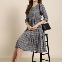 SHOWOFF Ethnic Motifs Print Cotton Round Neck Roll-Up Sleeves Fit & Flare Midi Dress-picture-10