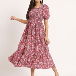 Femvy Floral Print Round Neck Puff Sleeve Applique Fit & Flare Midi Dress-picture-32