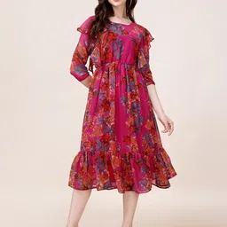 KALINI Floral Print Georgette Fit & Flare Midi Dress-image-45