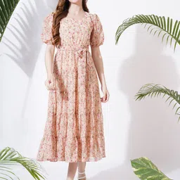 Fbella Floral Print Puff Sleeves Georgette Fit & Flare Midi Dress-image-4