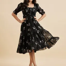 Azira Floral Print Square Neck Puff Sleeve Georgette Fit & Flare Midi Tiered Dress-picture-25